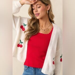 Love Tree Cherry Embroidered Knit Cardigan